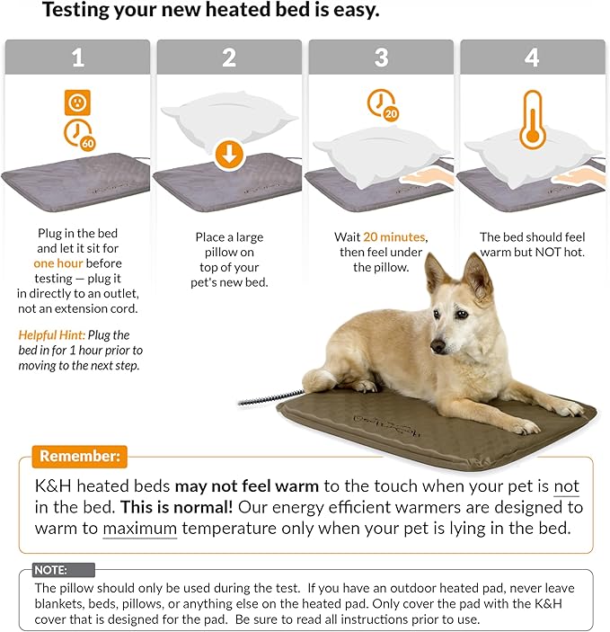 K&H Pet Products Lectro-Soft Orthopedic Outdoor Heated Dog and Cat Bed for Medium Dogs or Big Cats, Soft/Flexible Safety Listed Warming Pad, Waterproof, Washable Cover - Medium 24 X 19in Tan 40W