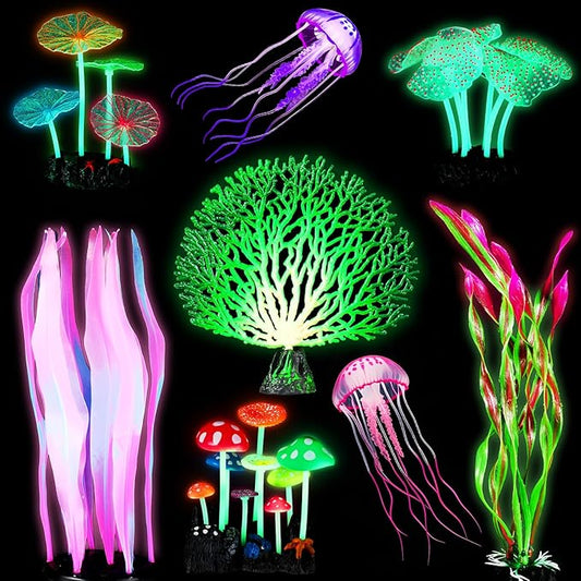 Frienda 8 Pieces Glowing Fish Tank Decorations Plants with 2 Style Glowing Kelp, Sea Anemone, Simulation Coral, Jellyfish, Lotus Leaf, Mushroom for Aquarium Fish Tank Ornament (Purple, Pink)