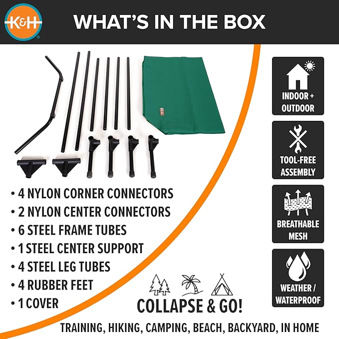 K&H Pet Products Outdoor Elevated Dog Cot, Cooling Raised Bed with Waterproof Breathable Mesh for Large Dogs, Portable Pet Bed with Heavy-Duty Metal Frame, Oversized Hammock Style - Extra-Large Green