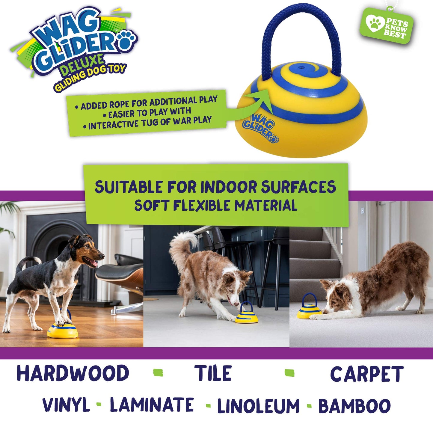 Wag Glider Deluxe–The Sliding Gliding Dog Toy That Keeps Your Dog Happy, Healthy & Safe! Comes with a Built in Squeaker & Rope Attached. Safe for Indoor Play, Great for Medium & Large Dogs of All Ages