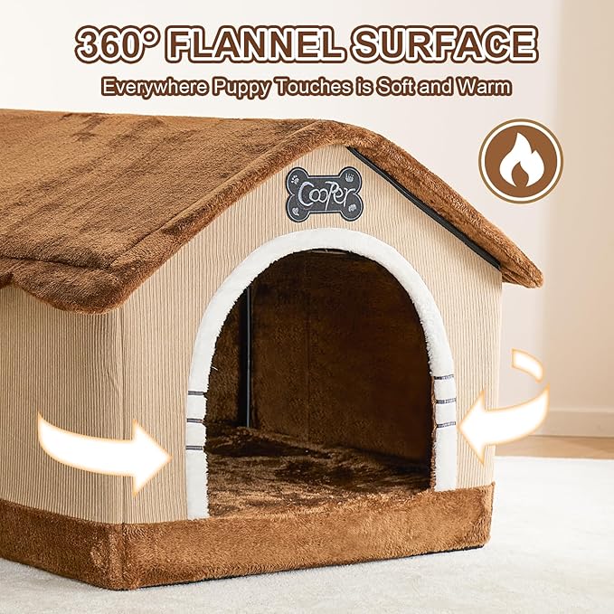 Jiupety Indoor Dog House with Frame, Large Dog Cave Bed, Insulated Cozy, Suitable for 60-100 lb, Jumbo (38"×30"×28"), Brown