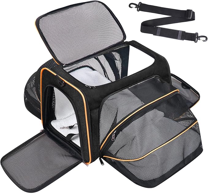 Expandable Cat & Dog Carrier, Large Expandable Collapsible Travel Bag with Safety Zippers, 3 Open Doors, Removable Fleece Pad for Puppies & Small Animals, Airline Approved