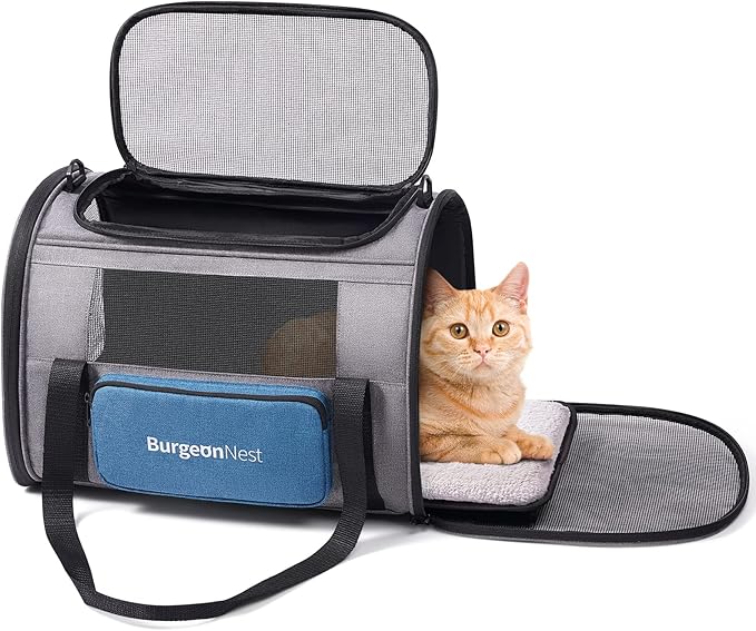 BurgeonNest Cat Carrier for Large Cats 20 lbs,Medium Pet Under 25 lbs,2 Puppy and Small Dogs with Unique Side Bag,Top Load Pet Carrier Soft-Sided Escape Proof with 4 Ventilated Windows