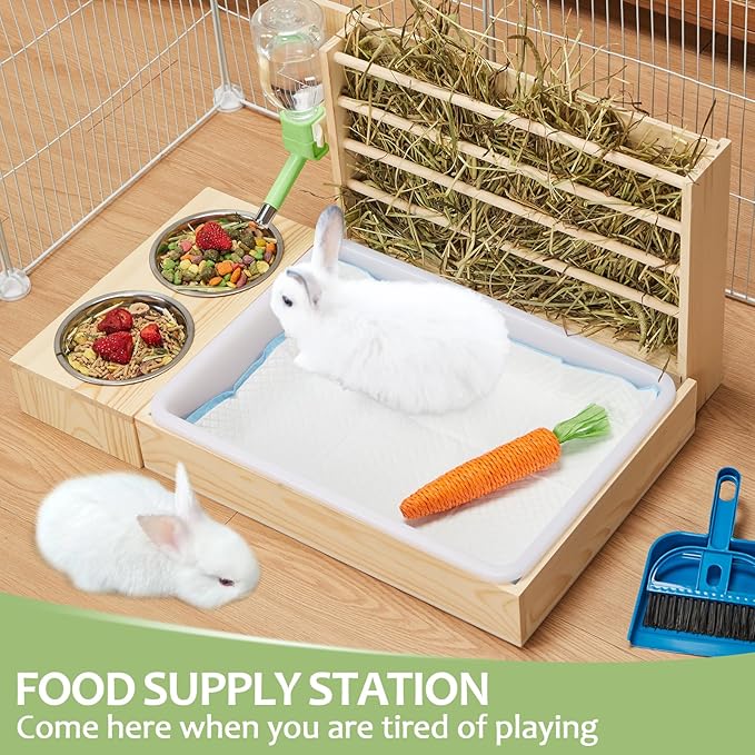 Rabbit Hay Feeder with Litter Box, Small Animals Hay Rack with Water Bottle, and 2 Bowls, Wooden Bunny Hay Holder Feeder Toilet Combo for Rabbit, Guinea Pig, Hamster, Hedgehog, Chinchillas