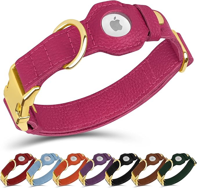 Leather Airtag Dog Collar - Soft Tracking Dog Collar with Apple AirTag Holder and Metal Buckle - Safety GPS Pet Collars for Small Medium Large Dogs Puppy Pink Red (Pink, XL, 20"-25" Neck Fit)