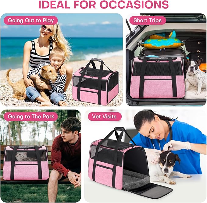 JUNGYOON Large Cat Carrier – Soft-Sided Airline-Approved Pet Carrier Bag with Top Opening, Portable Travel Carrier for Big Cats & Dogs Up to 20lbs – Safety Zippers, Collapsible Bowl,Pink