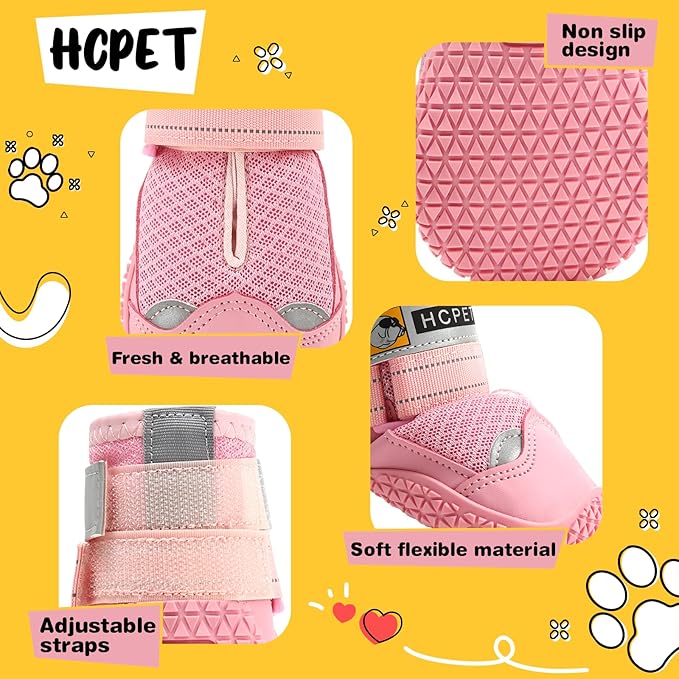 Hcpet Dog Shoes for Large Dogs, Breathable Dog Booties for Small Medium Dogs, Anti-Slip Dog Boots & Paw Protectors for Hot Pavement Winter Snow Hiking with Reflective Straps Pink Size 5