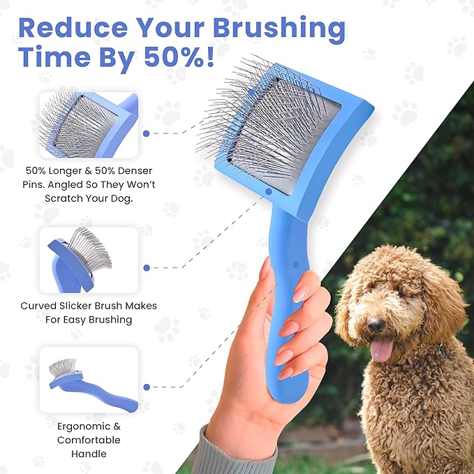 Slicker Brush for Dogs, Dog Grooming Supplies - Best Doodle & Poodle Brush for Long Haired Dogs - Goldendoodle Long Pin Detangler For Dematting (Small Curved)