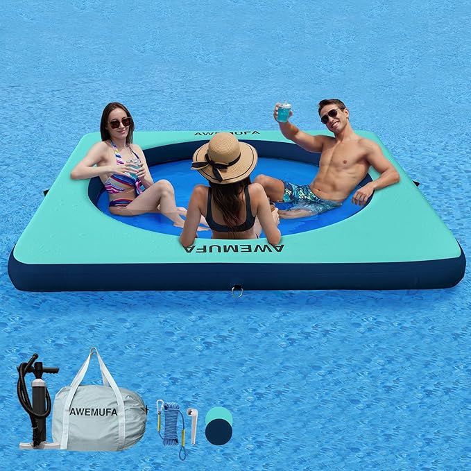 Inflatable Dock Floating Platform with Mesh, Heavy Duty Water Hammock Floats Floating Ring, Tanning Pool Hammock Inflatable Raft Mat Lake Floats for Adults Ocean