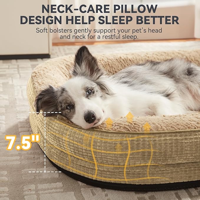 JOEJOY Orthopedic Dog Beds Large Sized Dog, XL Egg-Crate Memory Foam Pet Couch Bed with Bolster Sides, Waterproof Lining, Removable Washable Cover & Non-Slip Bottom, Light Brown