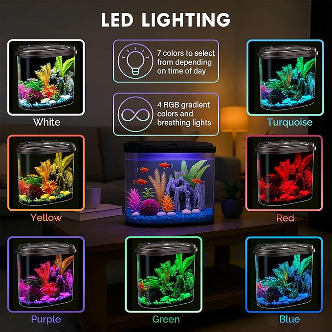 Koller Products Aquarium Fish Tank 4.5 Gallon Starter kit, Self Cleaning System Efficiency Filter 7 Color LED Lights and Timer, Plastic Small Fish Tank for Betta Guppies Neon Snail Ornamental Shrimp
