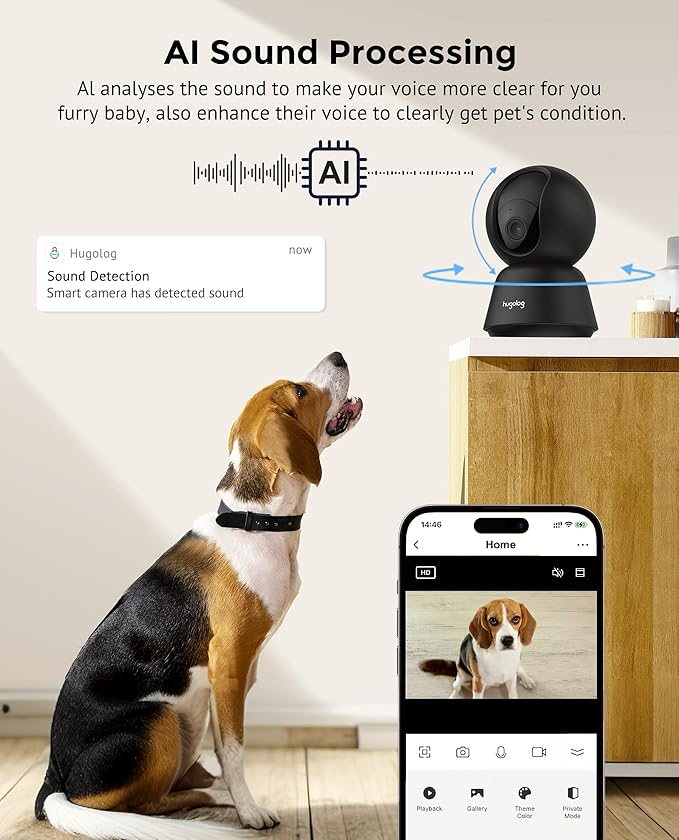 Hugolog 4K 8MP Indoor Pan/Tilt Security Camera with Auto-Focus,Ideal for Baby Monitor/Pet Camera/Home Security,Starlight Color Night Vision,Human/Pet AI,Two-Way Audio,US Cloud,Compatible with Alexa
