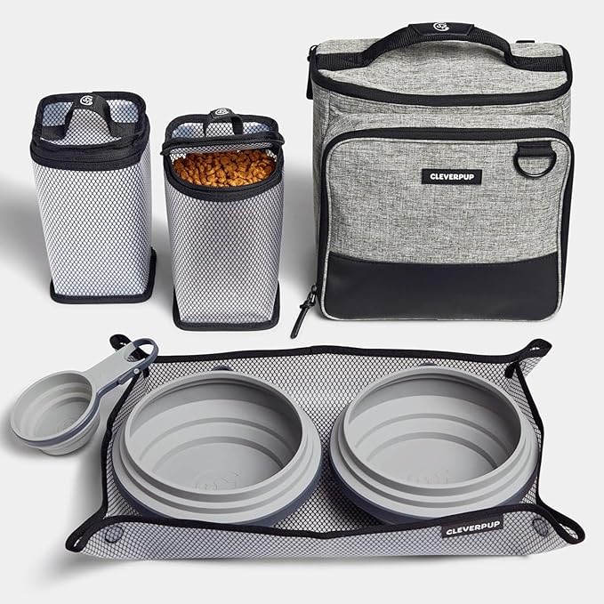 Large 7-Piece Bistro Box Dog Food Travel Kit, 12-Cup Kibble Storage, 2 Silicone Bowls, Mat & Scoop - Premium Portable Pet Food Kit for Weekends, Overnights, Daycare & Camping, Heather Grey