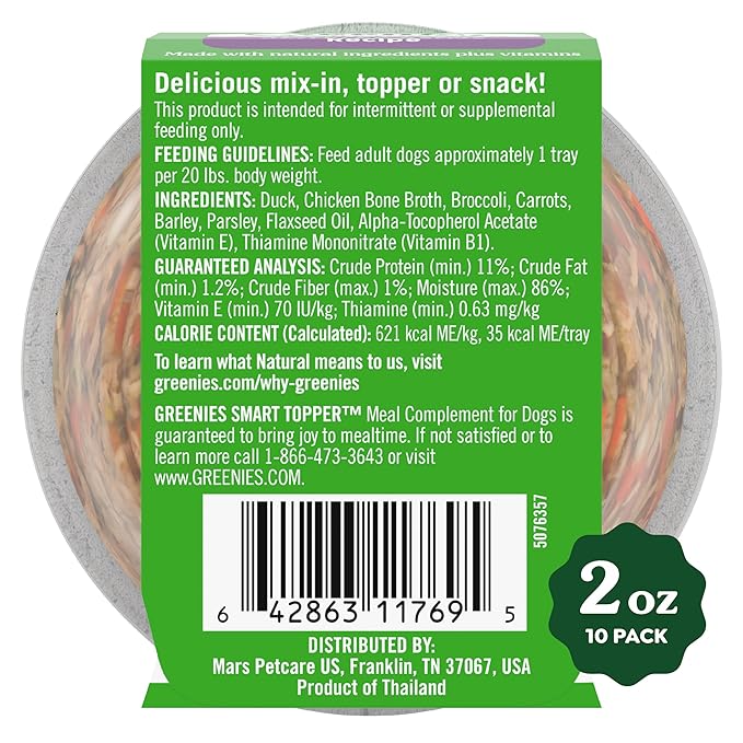 Greenies Smart Topper High Protein Wet Mix-in for Dogs, Duck, Broccoli, Carrots & Barley Recipe in Vitabroth Broth - Bone Broth + Vitamins E & B1, 10 Count