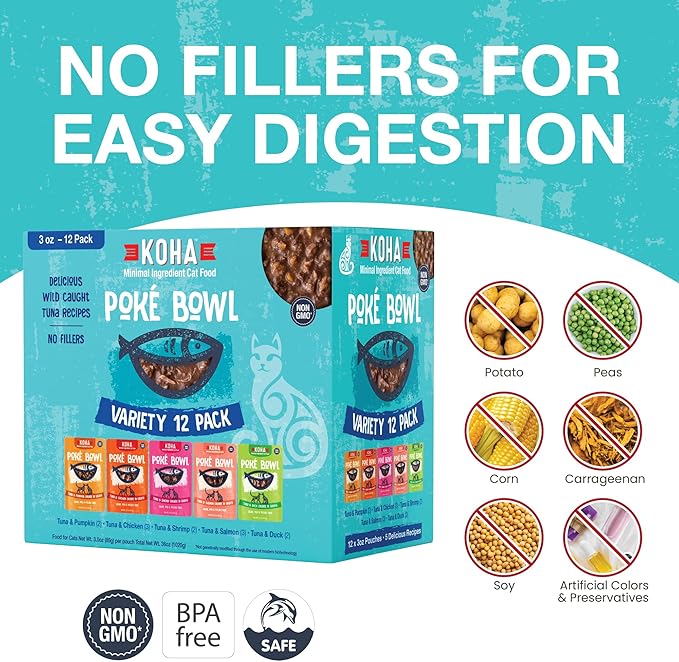 KOHA Pet Food Poké Bowl Cat Variety Pack, Wet Cat Food in Gravy - 5 Flavors - Tuna Combinations of Salmon, Chicken, Duck, Shrimp, and More - 3 oz Pouches, Pack of 24