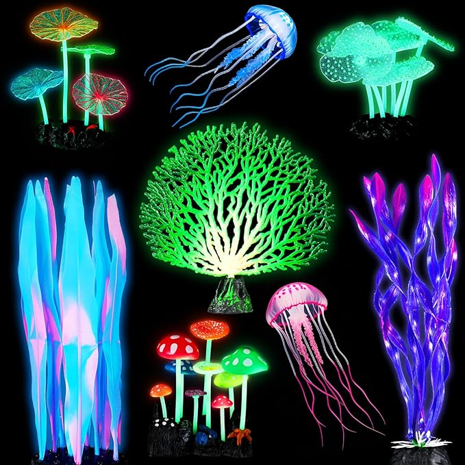 Frienda 8 Pieces Glowing Fish Tank Decorations Plants with 2 Style Glowing Kelp, Sea Anemone, Simulation Coral, Jellyfish, Lotus Leaf, Mushroom for Aquarium Fish Tank Ornament (Blue, Pink)