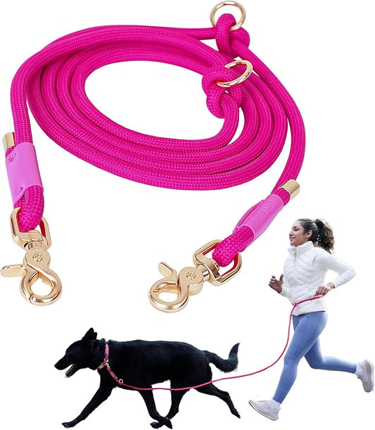 Hands Free Dog Leash, Waist Leash for Dog Walking, Crossbody, Multifunctional, Dog Lead, Running, Pink Adjustable Lead 4.3ft - 7.5ft, Double Lead for 2 Dogs, Dual Handle, Dog Training, 3/8" (10mm).