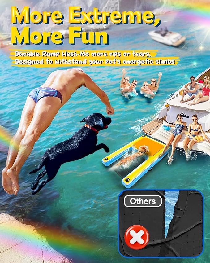 Inflatable Dog Ramp – 60"x40" Extra Large Boat Ramp for Dogs Up to 240 lbs, Non-Slip Puncture-Resistant Inflatable Dock Floating Platform, Pool Floats Platform for Lakes, Boats, Lake, Trip