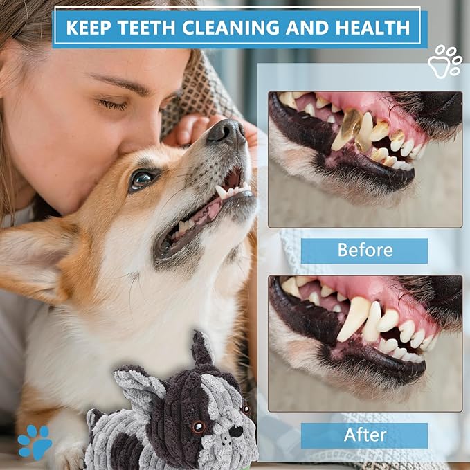 Dog Toys Plush Interactive Dog Toy with Crinkle Paper and Squeaker, Reduce Boredom and Anxiety, Cute Dog for Small Medium Large Dogs, Grey