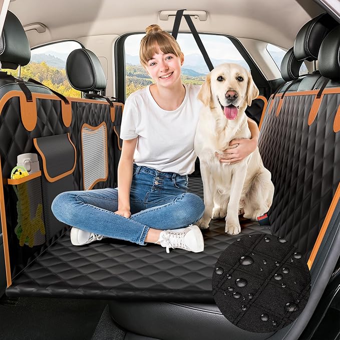Back Seat Extender for Dogs,Hard Bottom,Waterproof Dog Car Seat Cover for Back Seat Holds 450 lbs - Detachable, Scratch-Proof and Anti-Slip Dog Hammock for Cars, SUVs and Trucks, Bk+ORG