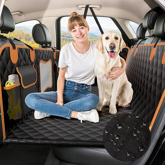 Back Seat Extender for Dogs,Hard Bottom,Waterproof Dog Car Seat Cover for Back Seat Holds 450 lbs - Detachable, Scratch-Proof and Anti-Slip Dog Hammock for Cars, SUVs and Trucks, Bk+ORG