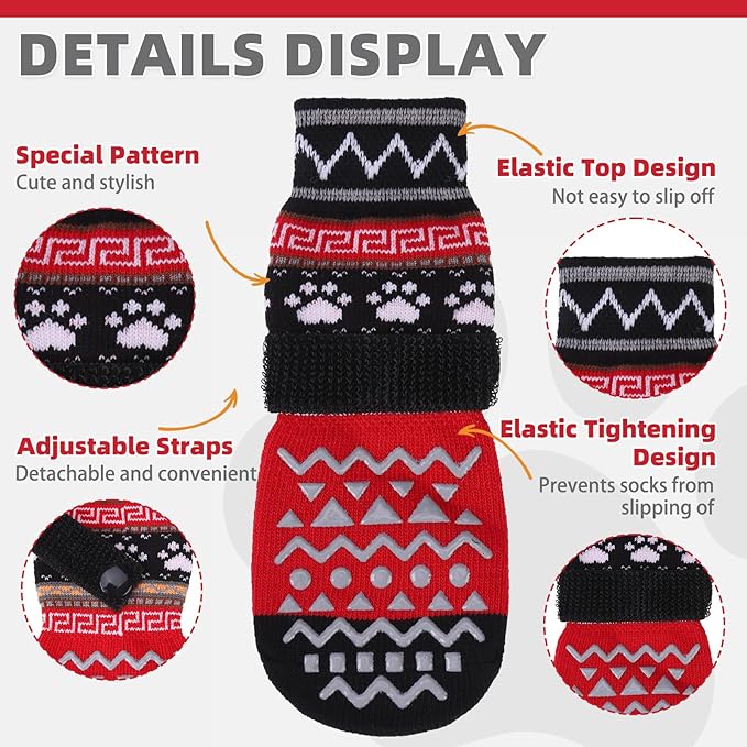 KOOLTAIL Dog Socks to Prevent Licking Paws for Hardwood Floors Anti Slip, Winter Warm Pet Boots&Paw Protector with Grippers, Double Sides Dog Shoes Booties for Small Medium Large Senior Dogs Red S