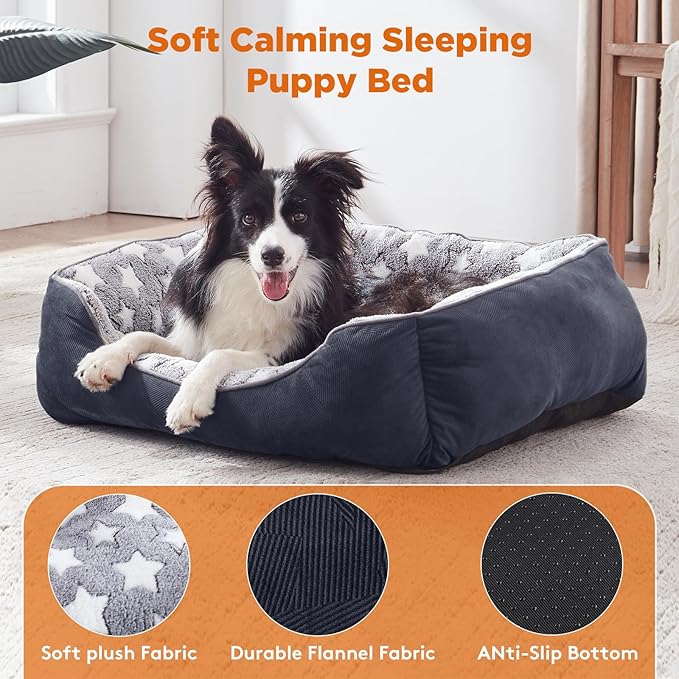 GASUR Large Dog Bed, Rectangle Washable Pet Beds, Orthopedic Dog Sofa Bed, Durable Pet Cuddler Anti-Slip Bottom, Soft Calming Sleeping Warming Puppy Bed (L (35"x 25"x 9"), Black)