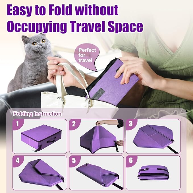 Upgraded Portable Cat Travel Litter Box with Zipped Lid & 10 Liners, Leak-Proof and Foldable Travel Cat Litter Box for Hotels, Car, and Camping, Odor-Free & Waterproof, 20x14x6.5 Inches (Purple)