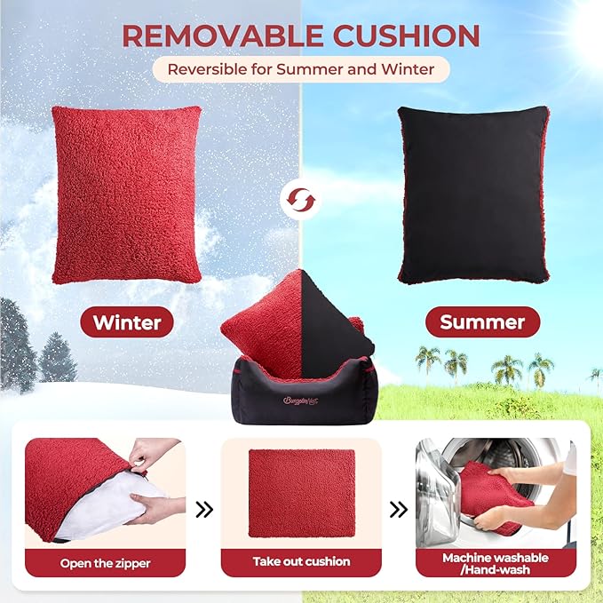 BurgeonNest Dog Car Seat for Small Dogs, Detachable and Washable Cat Carseats Under 25 lbs, Soft Pet Booster Seats with Storage Pockets and Clip-On Leash Portable Car Travel Carrier Bed, Black red