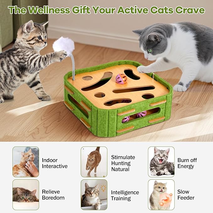 5-in-1 Cat Toys Interactive Wooden Cat Puzzle Toy Intelligence Treat Puzzle Feeder Box Game Enrichment Accessories with Jingle Balls, Wands, and Spiral Springs for Indoor Kitten Adult Cat