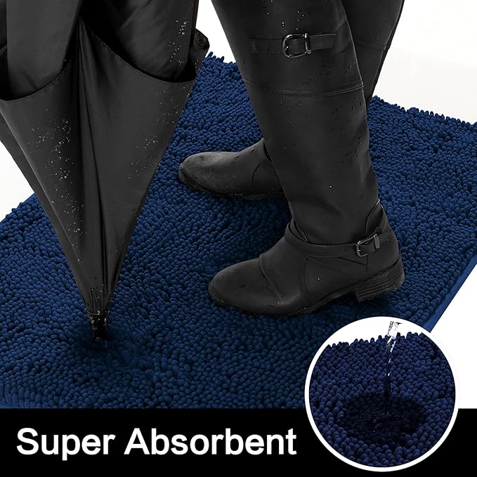 HOMEIDEAS Doormat Indoor Entrance, 36"x24", Highly Absorbent Chenille Muddy Dog Washable Non Slip Front Welcome Door Floor Mat for Entryway, Navy Blue