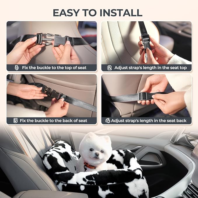 BurgeonNest Dog Car Seat for Small Dogs, Detachable and Washable Cat Carseats Under 25 lbs, Soft Pet Booster Seats with Storage Pockets and Clip-On Leash Portable Car Travel Carrier Bed, Milk Cow