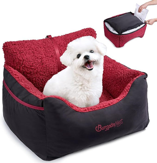BurgeonNest Dog Car Seat for Small Dogs, Detachable and Washable Cat Carseats Under 25 lbs, Soft Pet Booster Seats with Storage Pockets and Clip-On Leash Portable Car Travel Carrier Bed, Black red