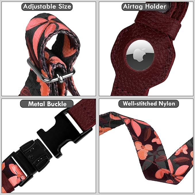 AirTag Dog Collar with Metal Buckle - Soft Leather Printed Nylon Dog Collar with Apple AirTag Holder - Cute Tracking GPS Pet Collars for Girl Boy Small Large Dogs (M, 14"-18" Neck Fit, Crossandra)