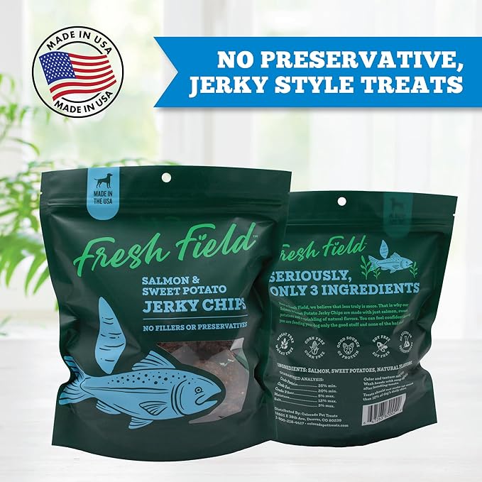 Fresh Field Salmon & Sweet Potato Jerky Chips, 5 oz – All-Natural Dog Treats, USA Made, No Fillers, Omega-3 Rich
