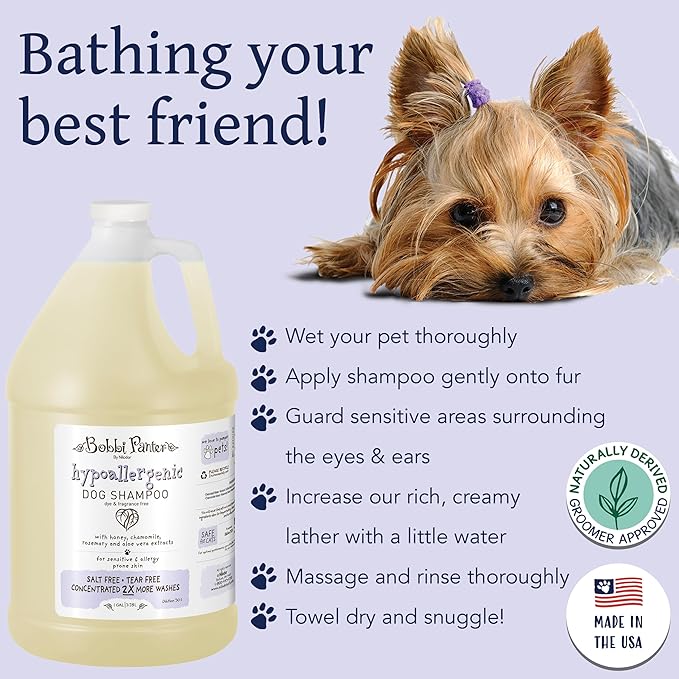 Bobbi Panter Hypoallergenic Dog Shampoo 1 Gal., Dye & Fragrance-Free, Paraben-Free, pH Balanced, Tear-Free, Aloe Vera & Honey Extract, Made in USA, Concentrated 30:1, Made in The USA