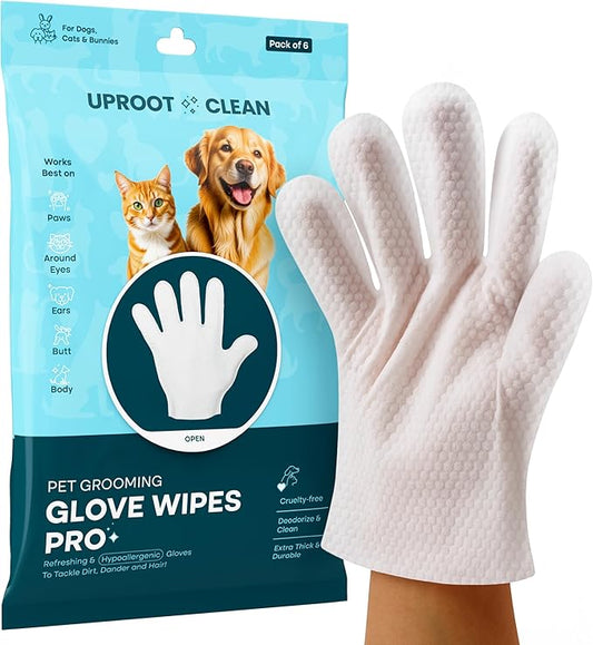 Uproot Clean Dog Cleaning Gloves: 1 Month Supply - Extra-Thick Pet Glove Wipes for Dogs & Cats - Easy Wipe Paws, Eyes, Ears, Butt, & Body - Lick-Safe - Cleaning, Deodorizing & Grooming (6 Pack)