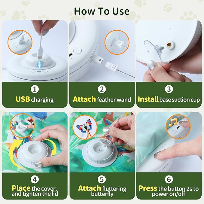 4-in-1 Interactive Cat Toy, Hide and Seek Cat Toys for Indoor Cats, Automatic Cat Kitten Toys with Moving Concealed Feathers, Fluttering Butterfly, Lifelike Sounds,Touch Activated, USB Rechargeable