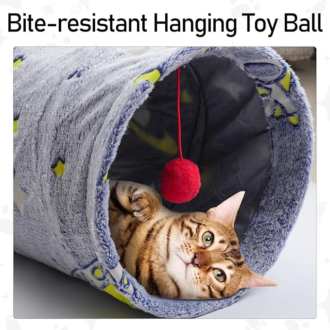 3-Way Plush Cat Tunnel Tube, Cat Toys Collapsible Tunnel Tube with Noctilucous Pattern and Cat Toy Ball, Cat Tunnel for Indoor, Suit for Rabbits, Kittens, Ferrets,Puppy and Dogs,Small Animals