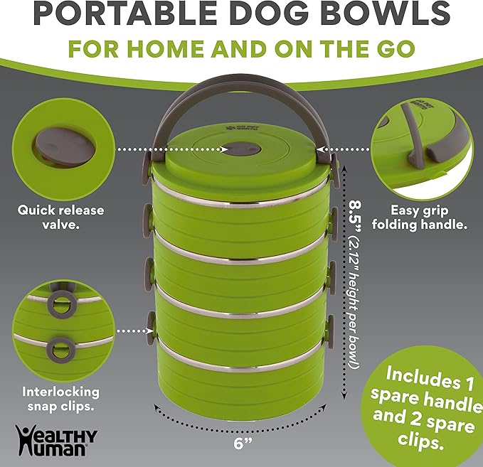 Healthy Human Travel Pet Bento Bowls - Human-Grade Stainless Steel & BPA-Free, Leak-Proof Water & Food Container Set for Dogs & Cats, 3-Pack Interlocking Bowls, Includes Spare Clips & Handle (Green)
