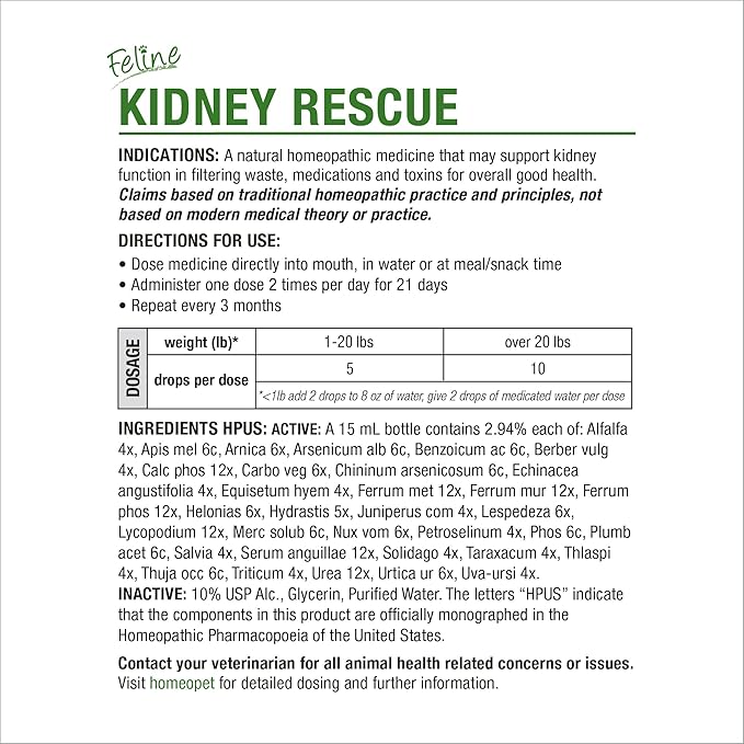 HomeoPet Feline Kidney Rescue, Safe and Natural Renal Supplement for Cats and Kittens, 15 Milliliters