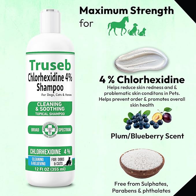 Truseb Topical Chlorhexidine 4% Shampoo for Dogs, Cats, and Horses with Plum/Blueberry Scent - 12 oz - Made in U.S.A (Chlorhexidine 4% Shampoo, 12 oz)