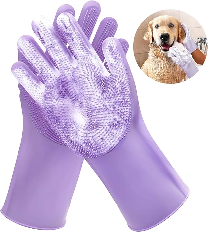 Pet Grooming Gloves，Heat-Resistant Silicone Gloves with High-Density Teeth for Enhanced Massaging and Bathing of Dogs and Cats (Purple, 2 Pair)