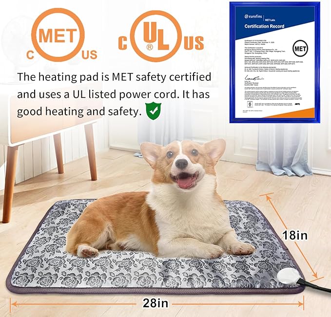 Heated Dog Bed, 28x18in, Rose, Adjustable, Waterproof, Chew Resistant Steel Cord, Dogs & Cats, Dog Bed