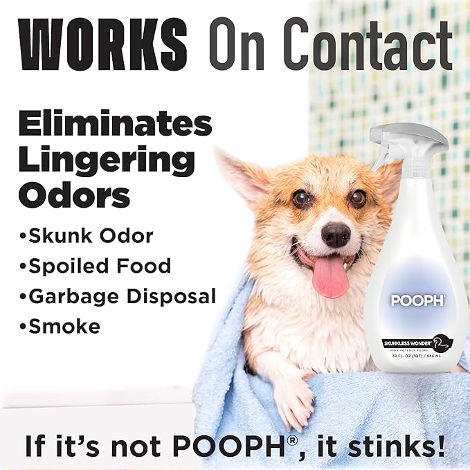 POOPH® Skunkless Wonder™ Spray | High-Potency Skunk Odor Eliminator Works on Pets, Fur, Clothing, Furniture & Items – Unscented, Safe, Fragrance-Free, Dismantles Skunk Oils On-Contact - 32oz