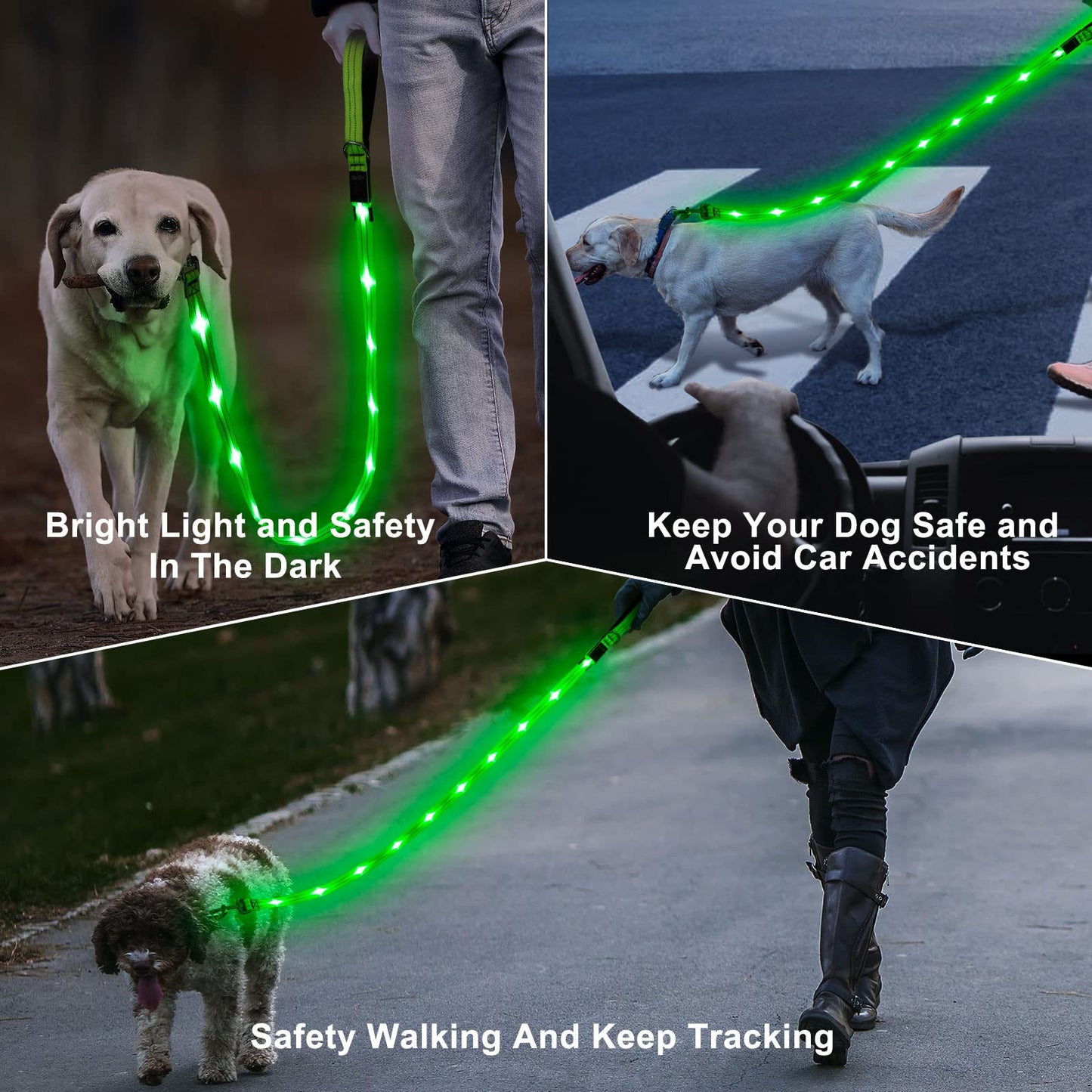 Led Light Up Dog Leash - 4 Ft Rechargeable Waterproof Nylon Reflective With Padded Handle for Night Walking, Safety Glow in The Dark for Large Medium Small Pets