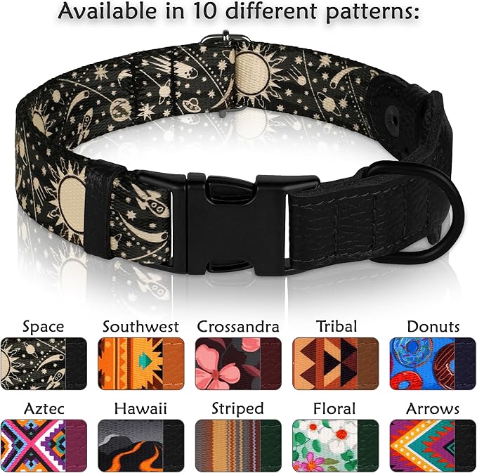 AirTag Dog Collar with Metal Buckle - Soft Leather Printed Nylon Dog Collar with Apple AirTag Holder - Cute Tracking GPS Pet Collars for Girl Boy Small Large Dogs (M, 14"-18" Neck Fit, Space)