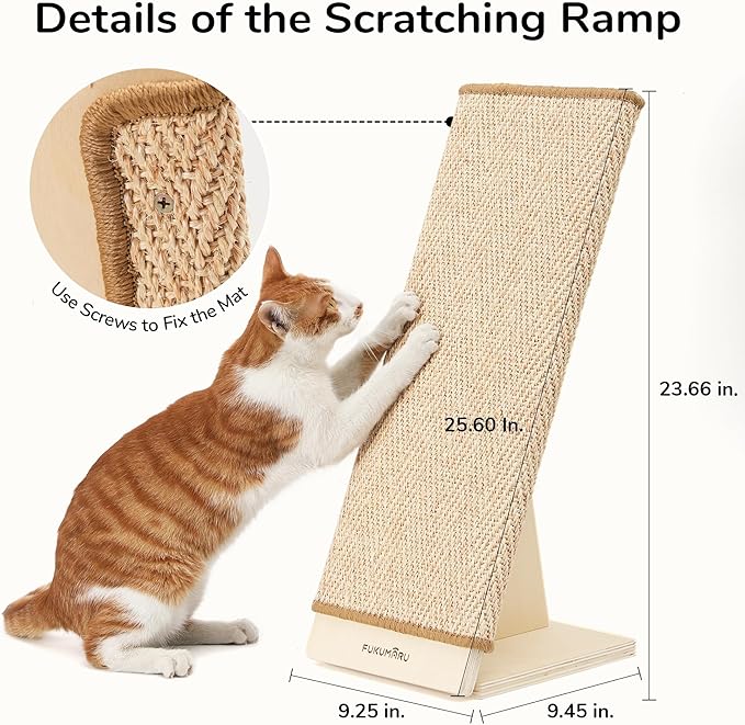 FUKUMARU Cat Scratcher, 23.66 Inch Sisal Cat Scratching Post Ramp, Replaceable Scratching Mat for Indoor Cats, Wood Frame L Shape Wall Mounted Scratch, Cats Scratch Furniture Protector for Couch Sofa