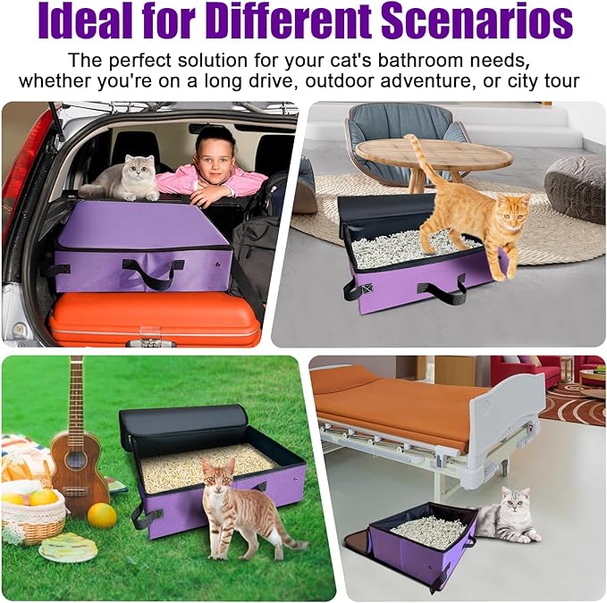 Upgraded Portable Cat Travel Litter Box with Zipped Lid & 10 Liners, Leak-Proof and Foldable Travel Cat Litter Box for Hotels, Car, and Camping, Odor-Free & Waterproof, 20x14x6.5 Inches (Purple)