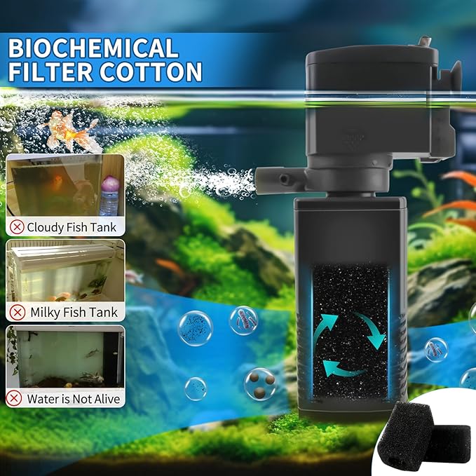 Fish Tank Filter for 15-40 Gallon Tank, 160 GPH Crystal Clear Powerful Internal Aquarium Filters Submersible Pump& Filter System for Fish Tank & Turtle Tank